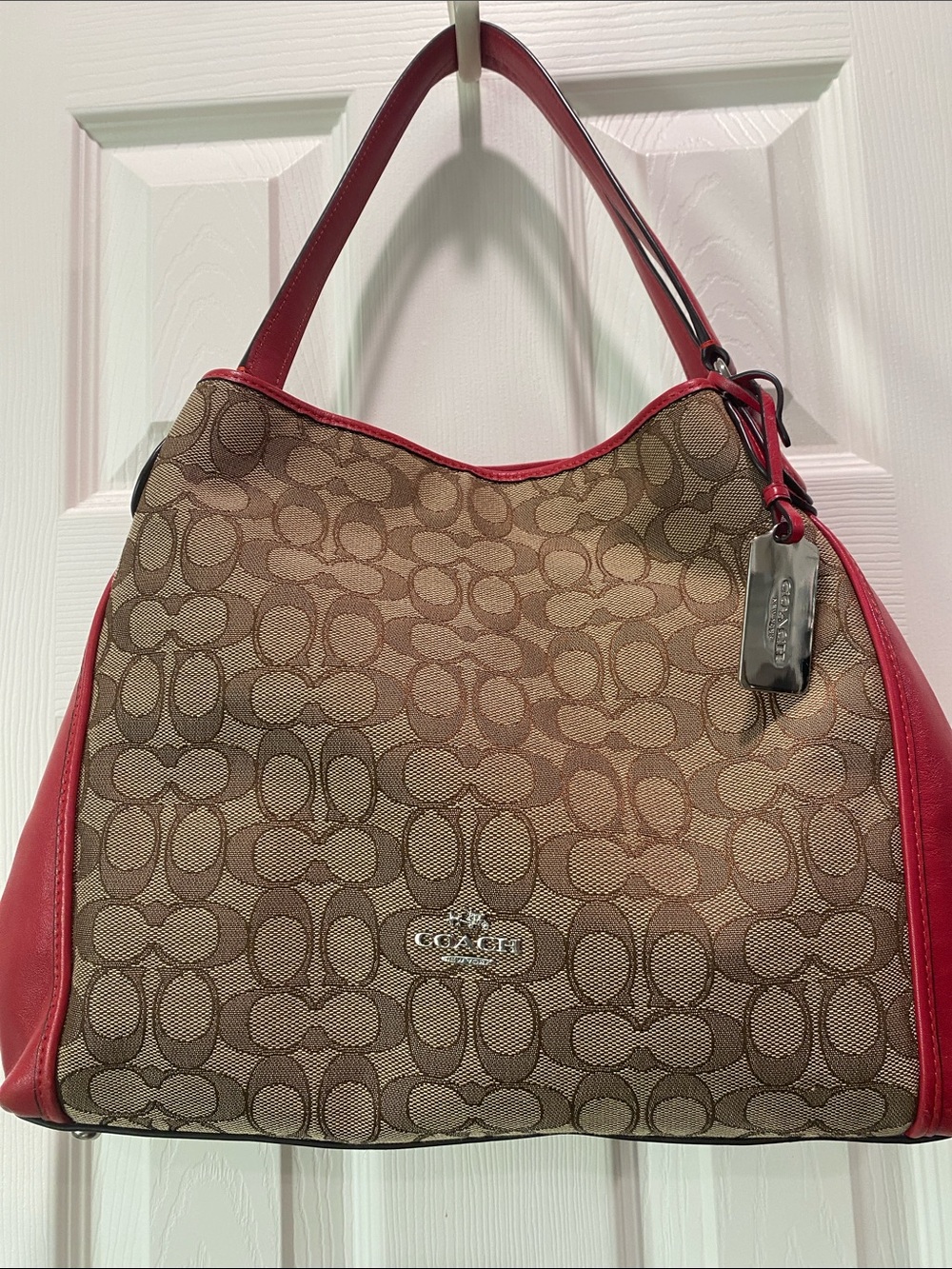 Coach Edie 31 Brown Signature C Canvas Shoulder Bag with Red Leather Trim